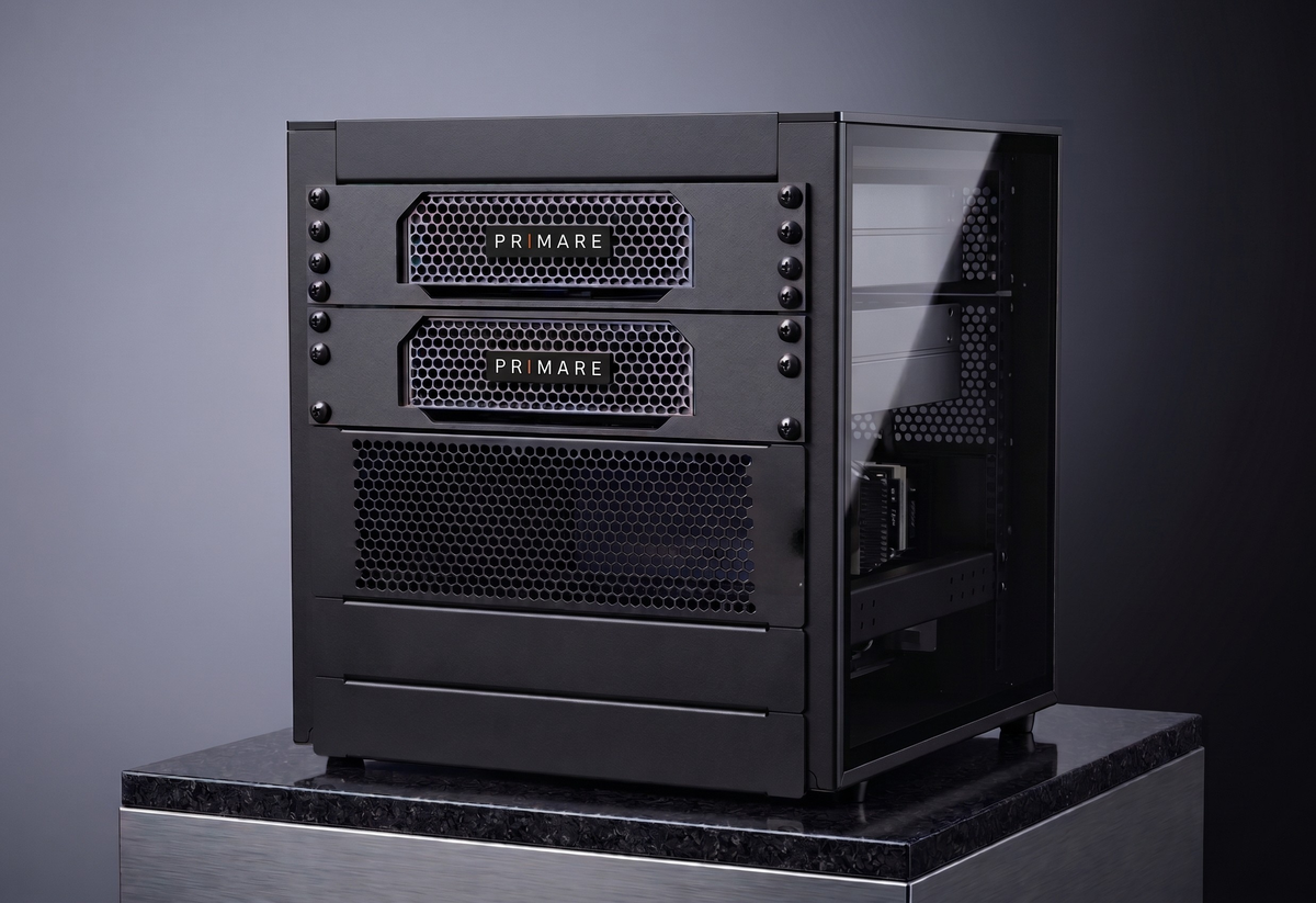The Primare P1 Max, the dual-node appliance. Two Primare-badged AI compute nodes in a black enclosure with a mesh front panel and a glass side panel.